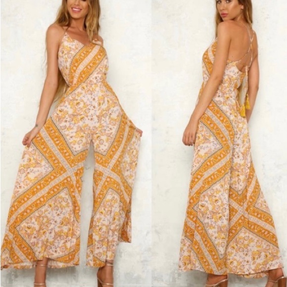 Jaase Wide Leg Bohemian Spaghetti Strap Romper Orange S - Picture 1 of 13